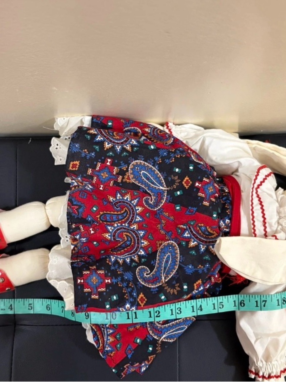 Handmade Bunny Doll with Red Accents and Paisley Skirt - Picture 3 of 3